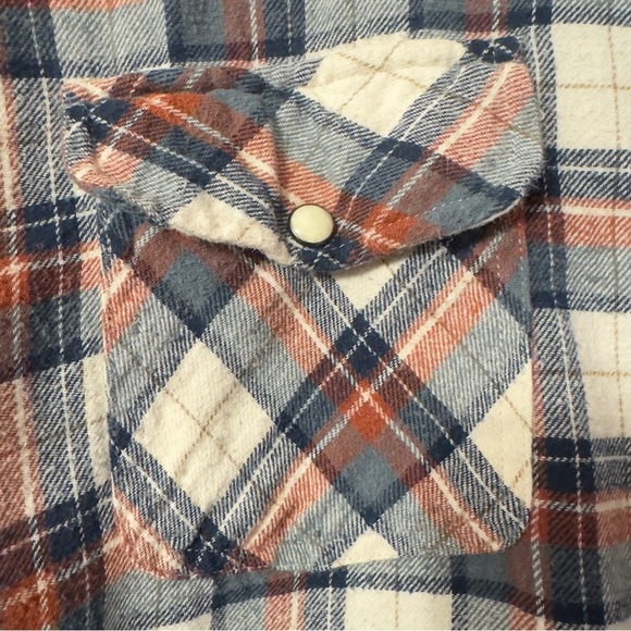 Lucky Brand Pearl Snap Flannel Shirt Plaid Blue Cream Mens Size XL - Picture 4 of 9